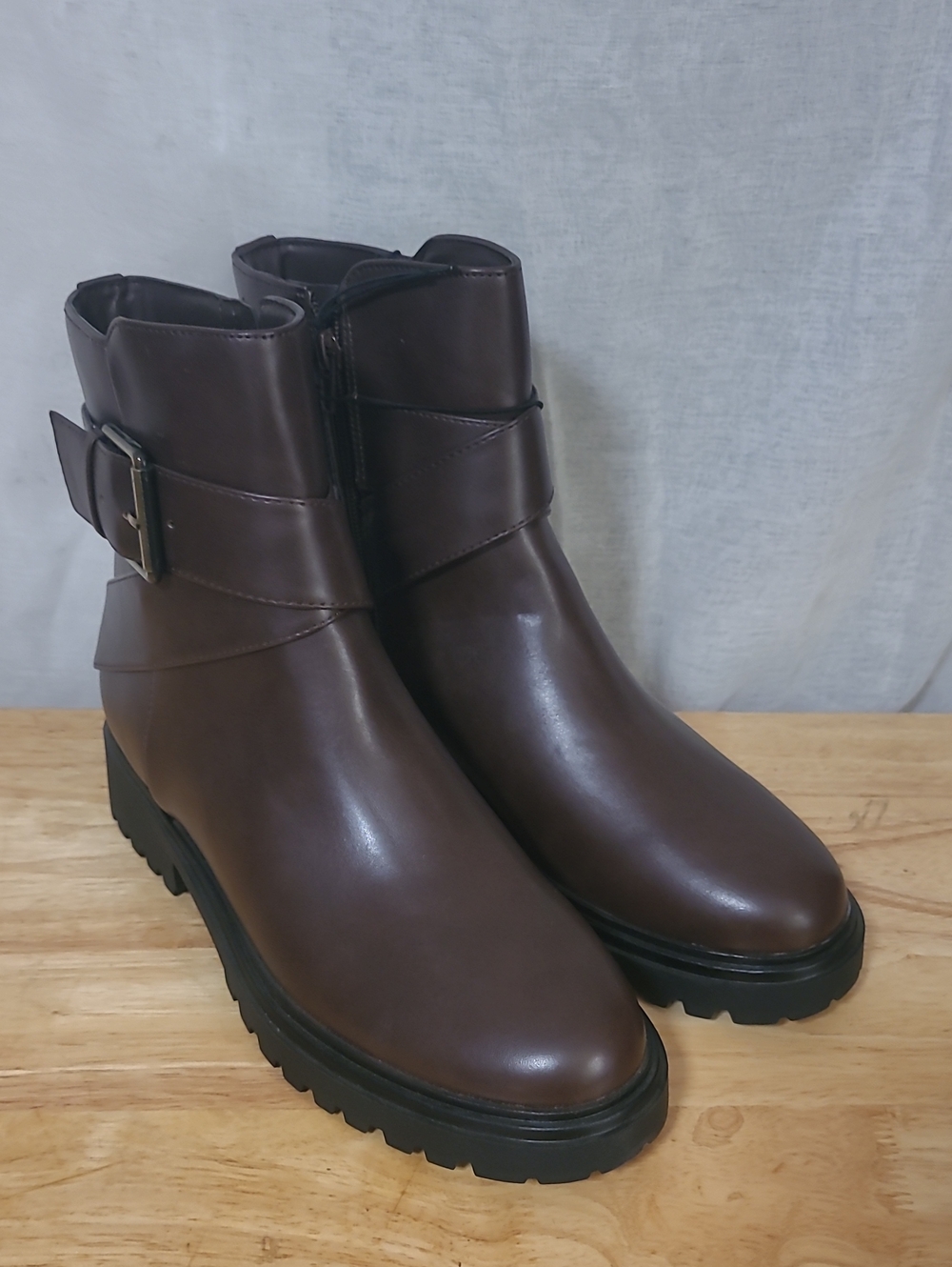 Unisa Brown Leather-Look Buckle Strap Ankle Boots